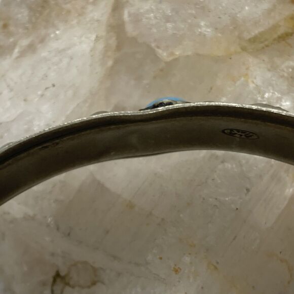 Vintage Alp Italy Bangle Bracelet Blue Accent Pin Closure Repousse Flower Design - Picture 9 of 10